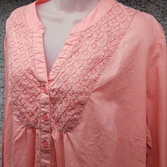 Woman Within 100%Cotton 3/4 Sleeve Embroidered  Button Down Shirt. Size 1X. Pink - Picture 2 of 11